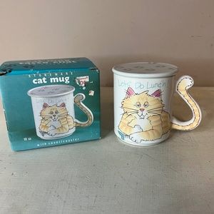 Vintage 1980s Mount Clemens Pottery Cat Mug With Lid “Let's Do Lunch” 1989